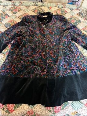 D—Women's Multicolor Patterned Jacket with Black Velvet Trim